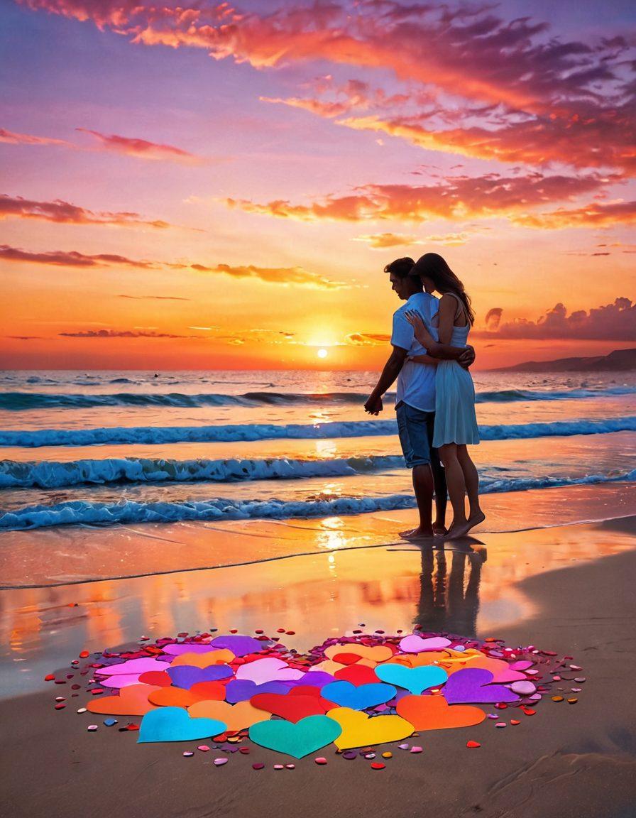A beautiful, romantic scene featuring a glowing sunset over a serene beach, with a couple holding hands and exchanging heartfelt love messages on colorful, floating paper hearts. The atmosphere should radiate warmth and intimacy, incorporating soft, blended colors and a touch of sparkles to enhance the romantic vibe. super-realistic. vibrant colors. dreamy background.