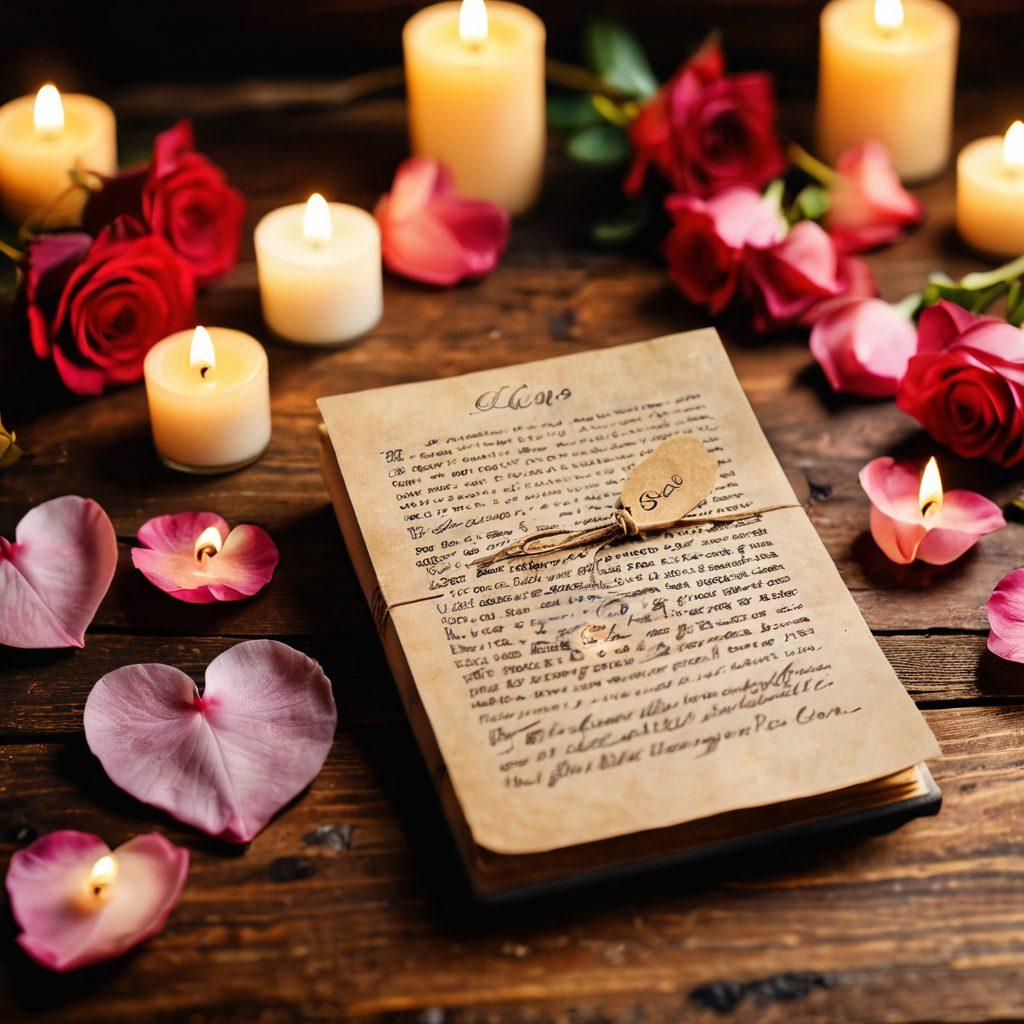 A beautifully crafted vintage love note delicately placed on a rustic wooden table, surrounded by soft rose petals and a flickering candle. Soft bokeh lights in the background create a dreamy aura, reflecting the warmth of budding romance. An open diary with heartfelt love quotes in elegant handwriting lies next to the note. The overall scene evokes a sense of intimacy and connection. super-realistic. warm colors. soft focus.