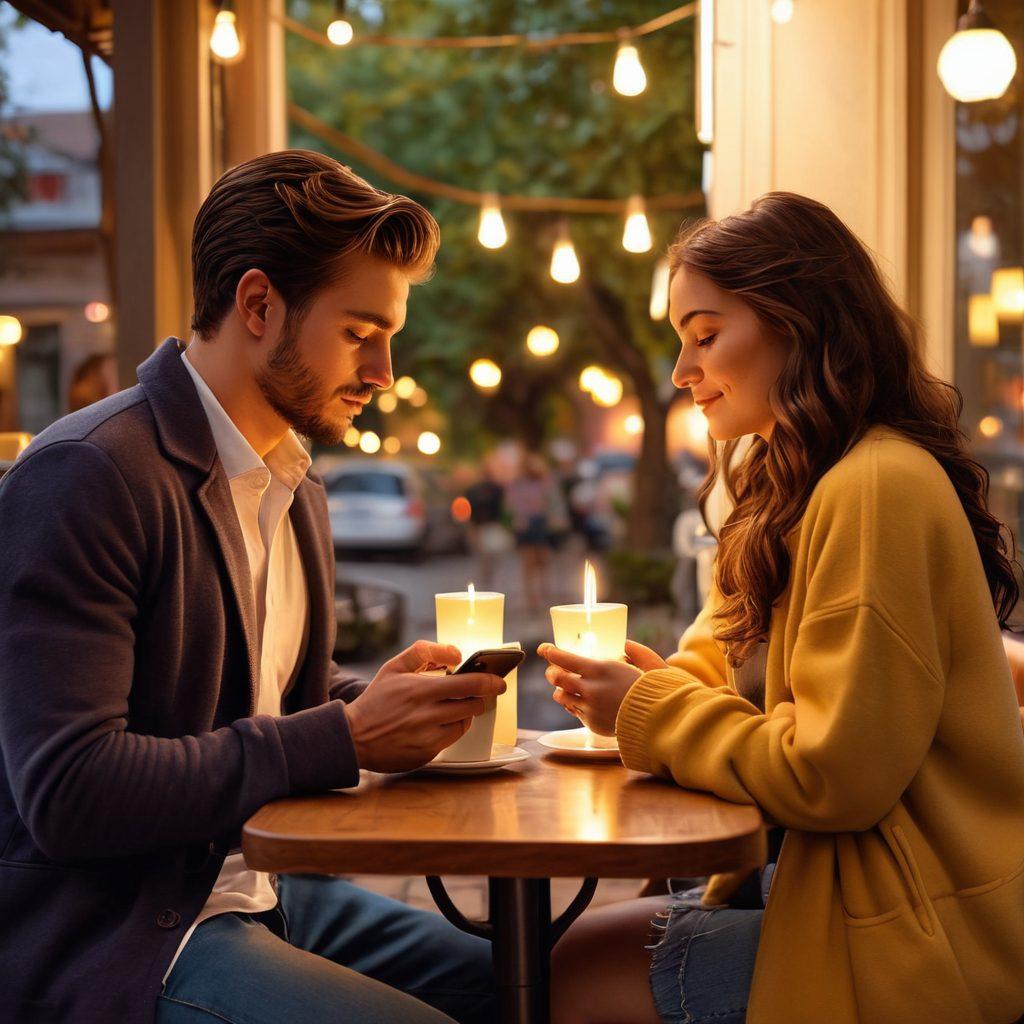 A romantic scene depicting two couples in different stages of their relationship, each engaged in heartfelt texting on their phones. The background transitions from a cozy coffee shop to a lush park to a candle-lit dinner, symbolizing the journey of romance. Soft, warm lighting highlights the warmth and intimacy of the moments. Emphasize subtle heart motifs and vibrant colors to evoke feelings of love and connection. super-realistic. vibrant colors. white background.
